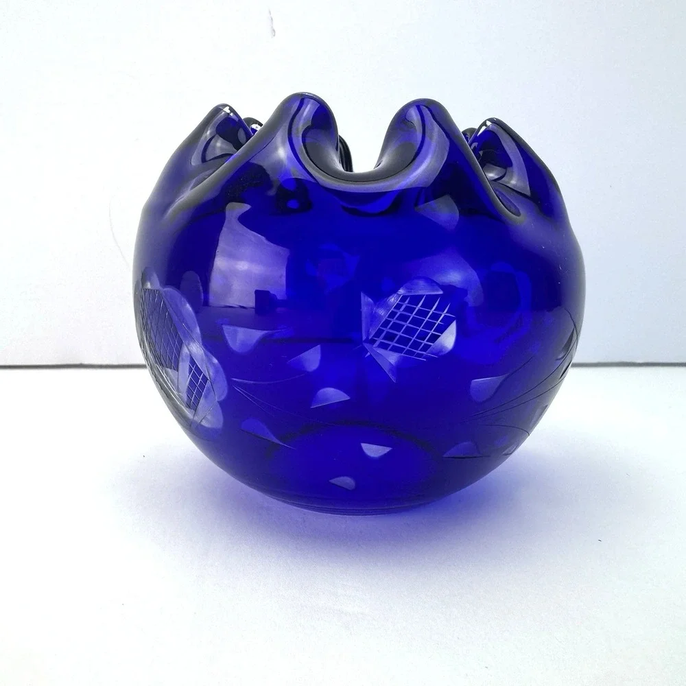 Cobalt Blue Rose‎ Bowl Dish Cut to Clear Crystal Ruffle Pinched Vase